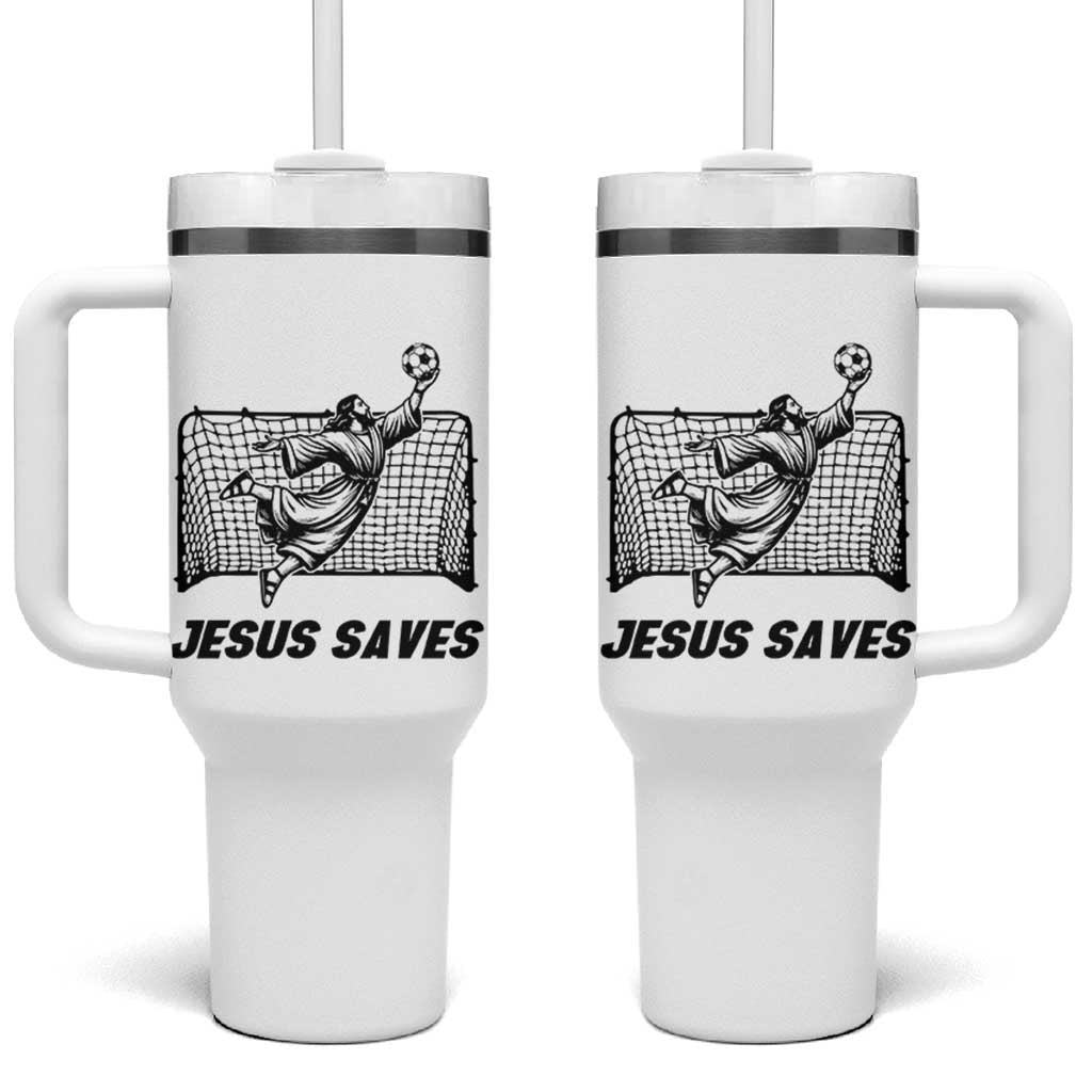 Jesus Saves Tumbler With Handle Funny Christian Soccer Goalie