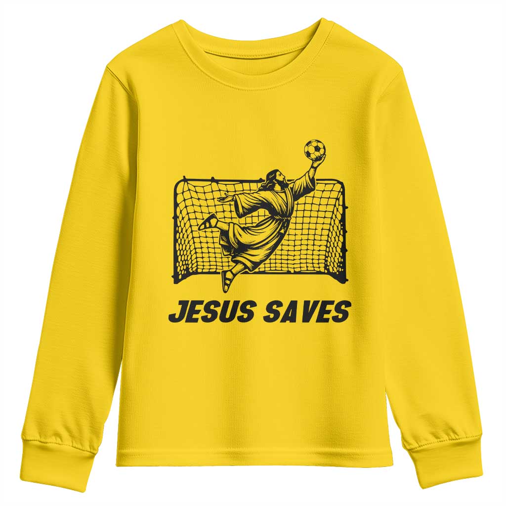 Jesus Saves Youth Sweatshirt Funny Christian Soccer Goalie