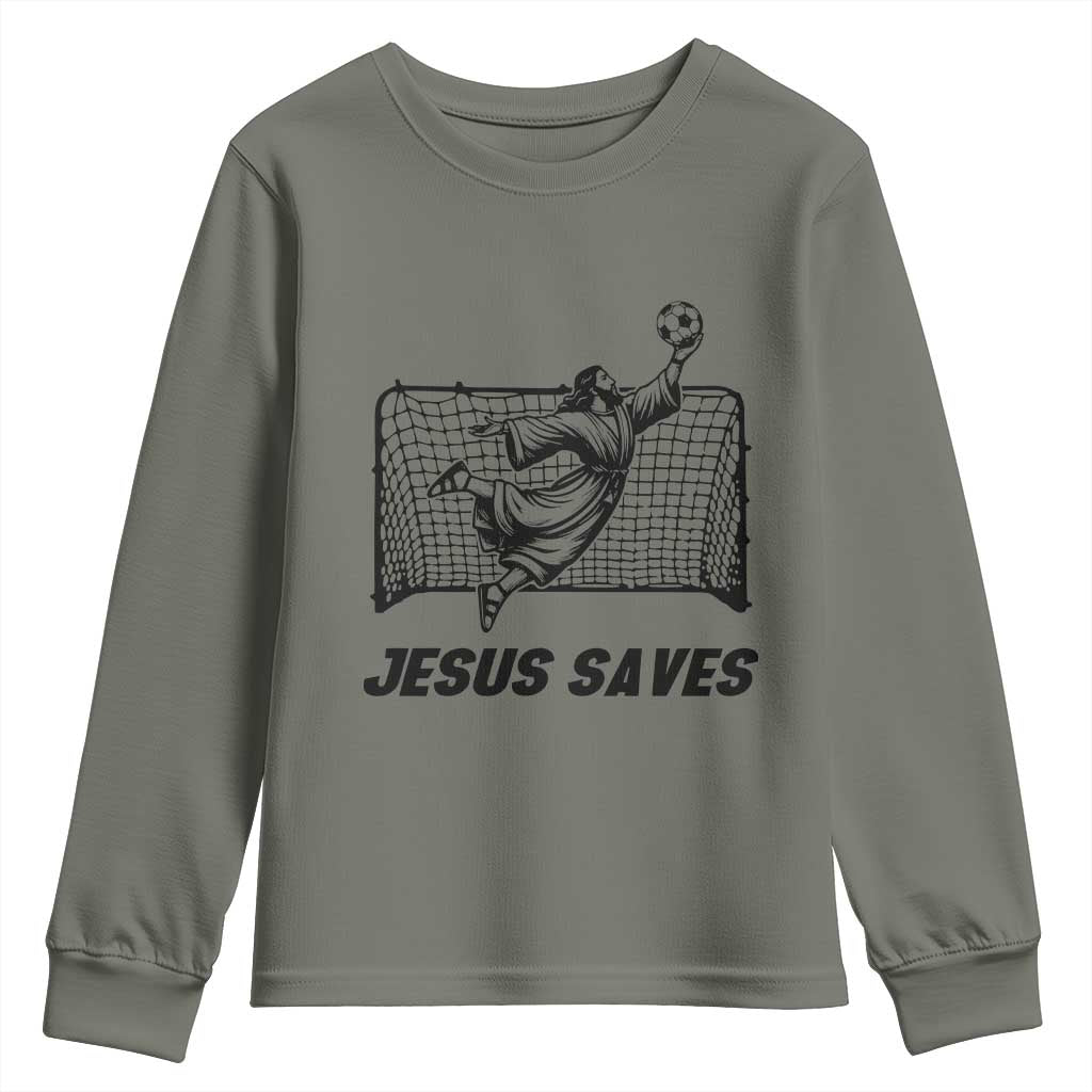 Jesus Saves Youth Sweatshirt Funny Christian Soccer Goalie