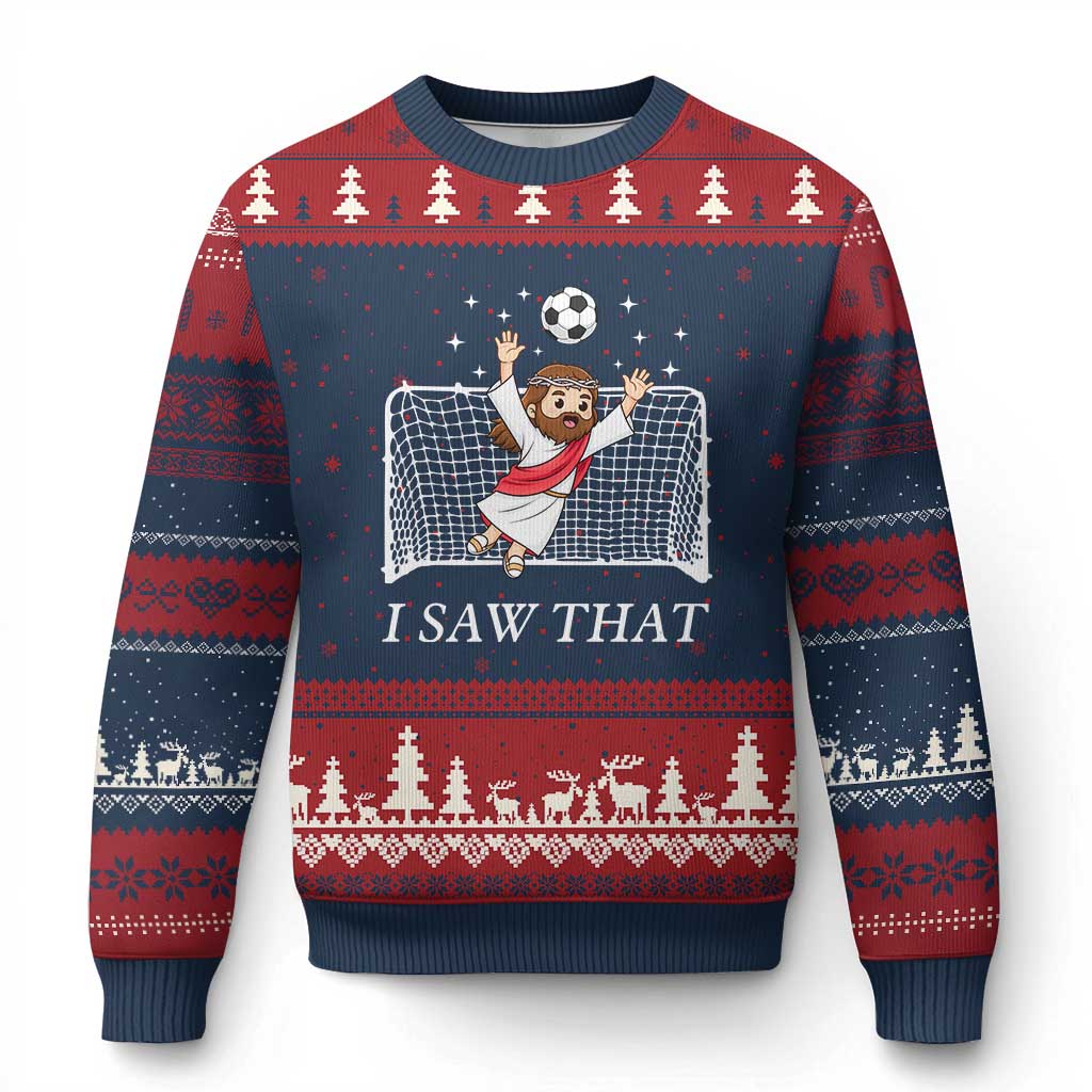I Saw That Ugly Christmas Sweater Funny Jesus Goalie Soccer Player