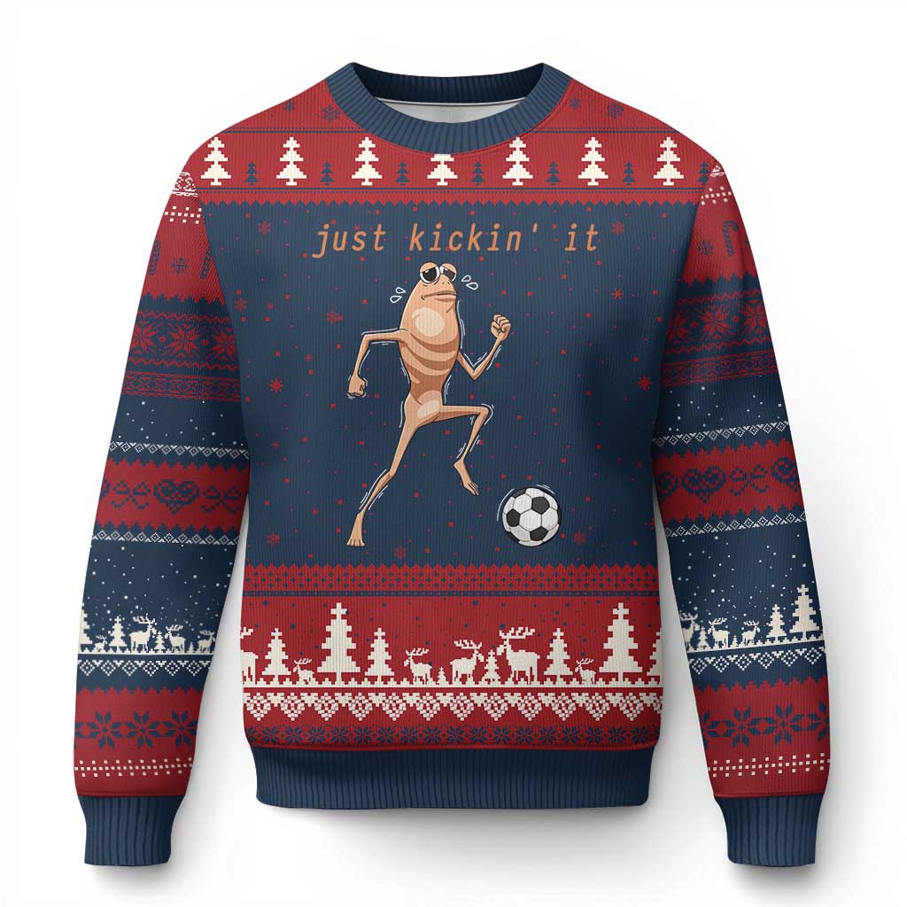 Just Kickin It Ugly Christmas Sweater Funny Marcus The Worm Soccer Meme