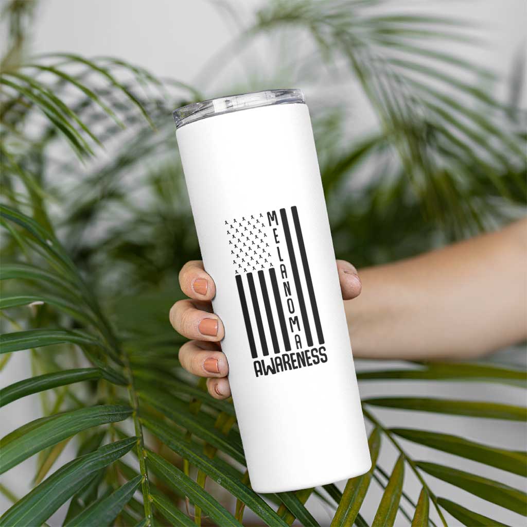 Melanoma Awareness USA Flag Skinny Tumbler Patriotic Cancer Warrior