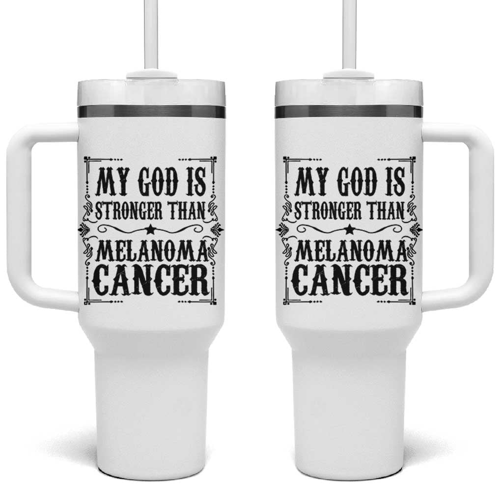 My God Is Stronger Than Melanoma Tumbler With Handle Religious Cancer Support