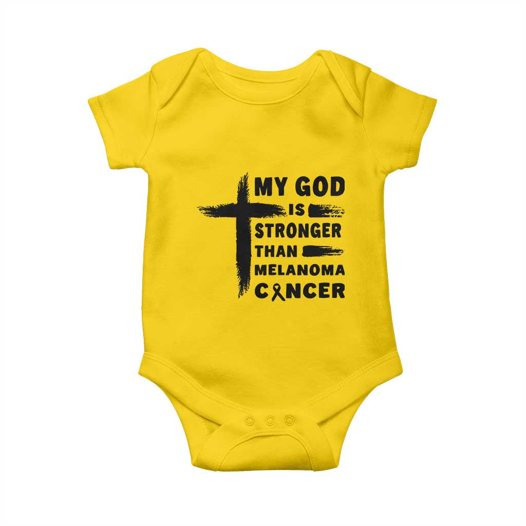 My God Is Stronger Than Melanoma Baby Onesie Christian Cancer Support