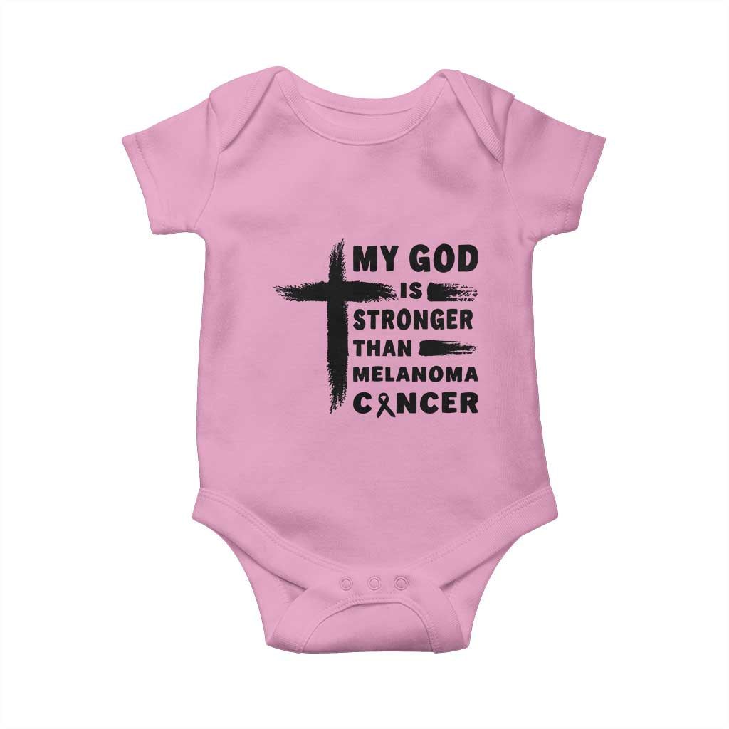 My God Is Stronger Than Melanoma Baby Onesie Christian Cancer Support