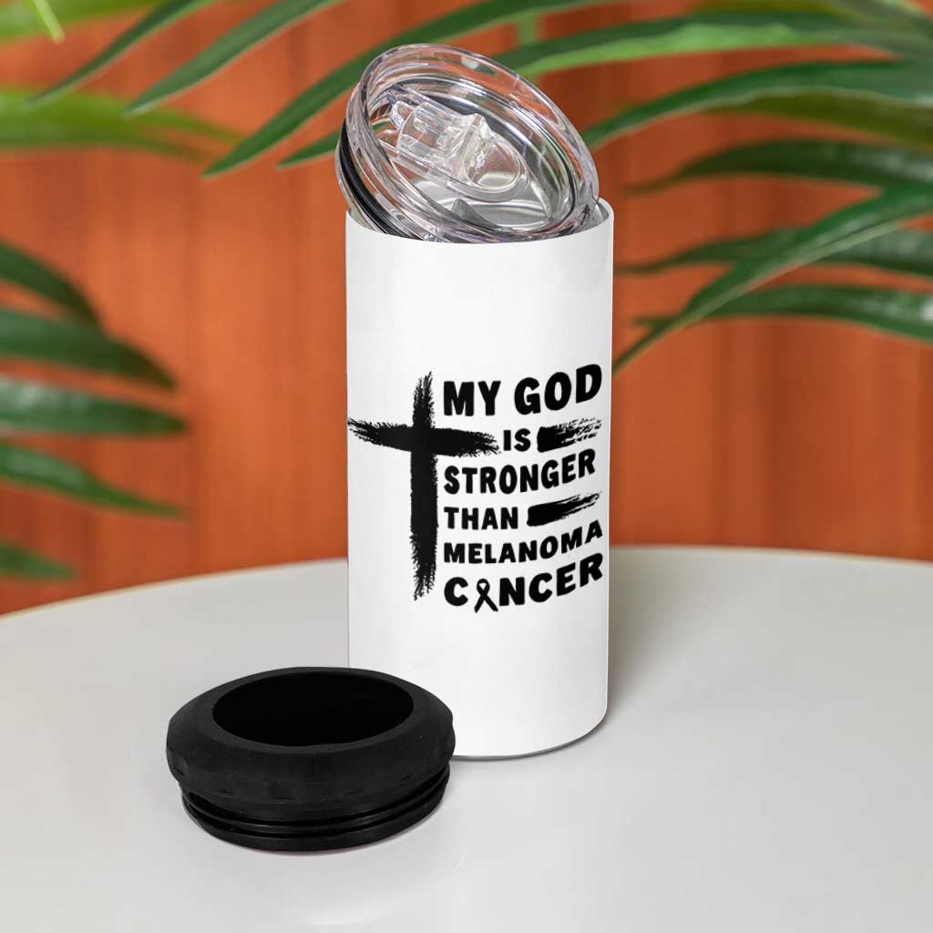 My God Is Stronger Than Melanoma 4 in 1 Can Cooler Tumbler Christian Cancer Support