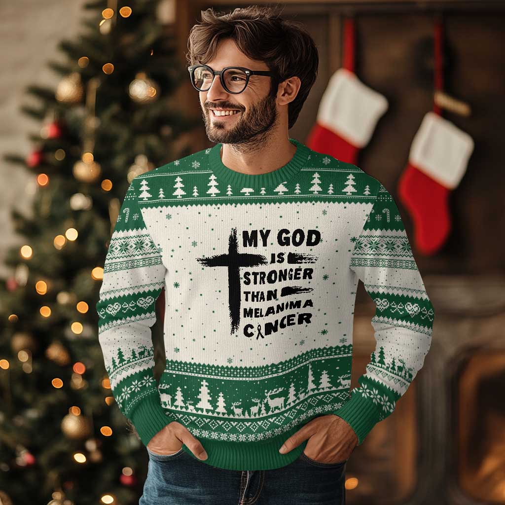 My God Is Stronger Than Melanoma Ugly Christmas Sweater Christian Cancer Support