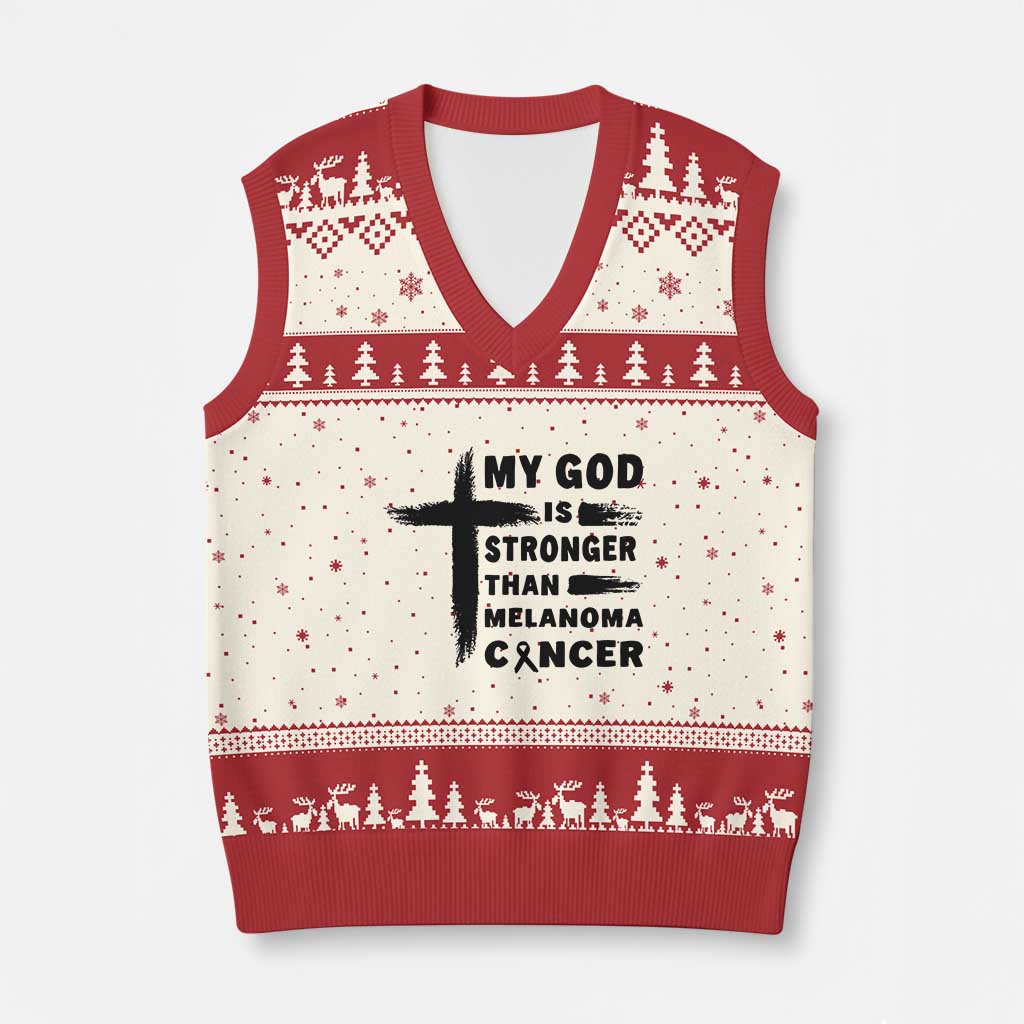 My God Is Stronger Than Melanoma V-Neck Knit Sweater Vest Christian Cancer Support