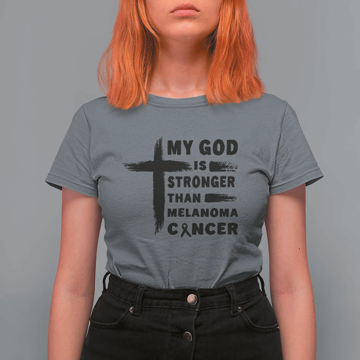 My God Is Stronger Than Melanoma T Shirt For Women Christian Cancer Support