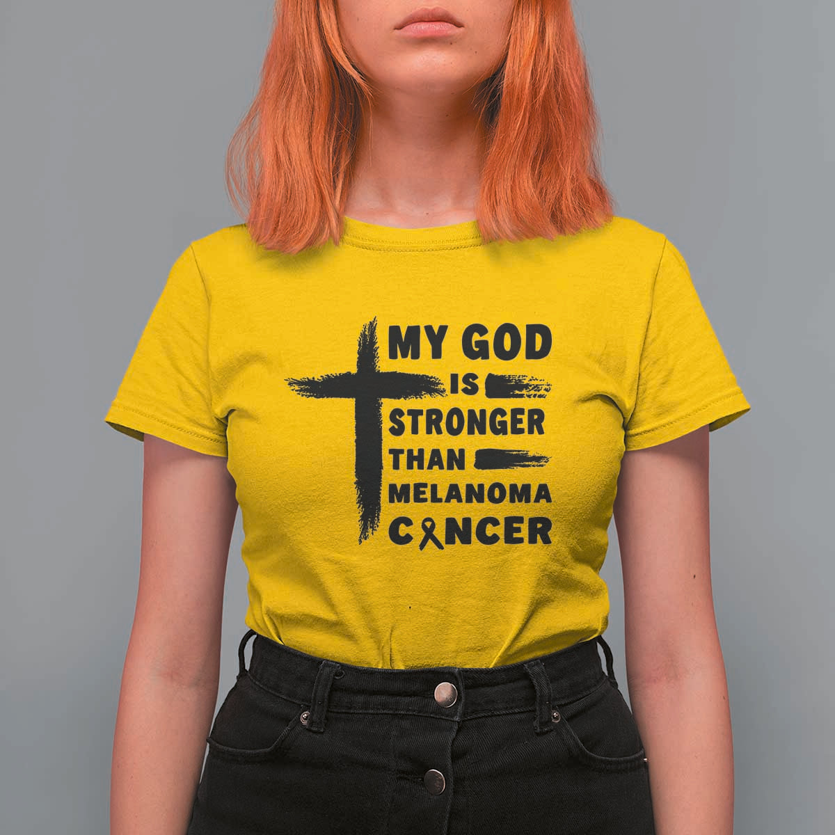 My God Is Stronger Than Melanoma T Shirt For Women Christian Cancer Support