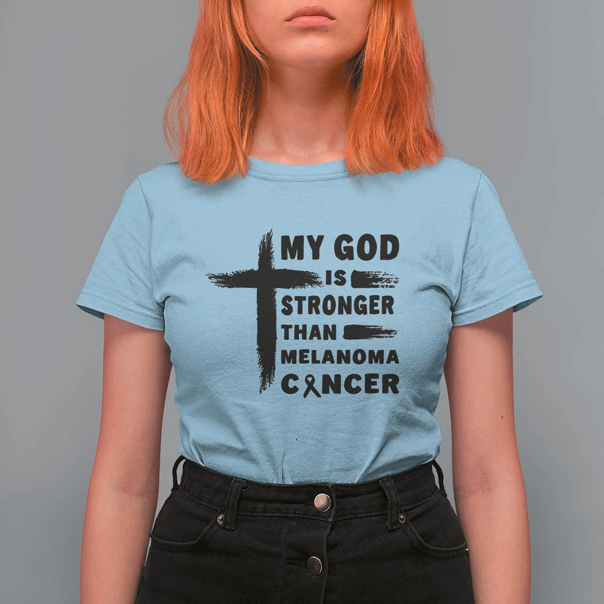 My God Is Stronger Than Melanoma T Shirt For Women Christian Cancer Support