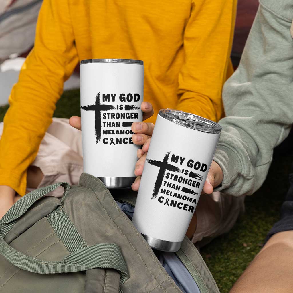 My God Is Stronger Than Melanoma Tumbler Cup Christian Cancer Support