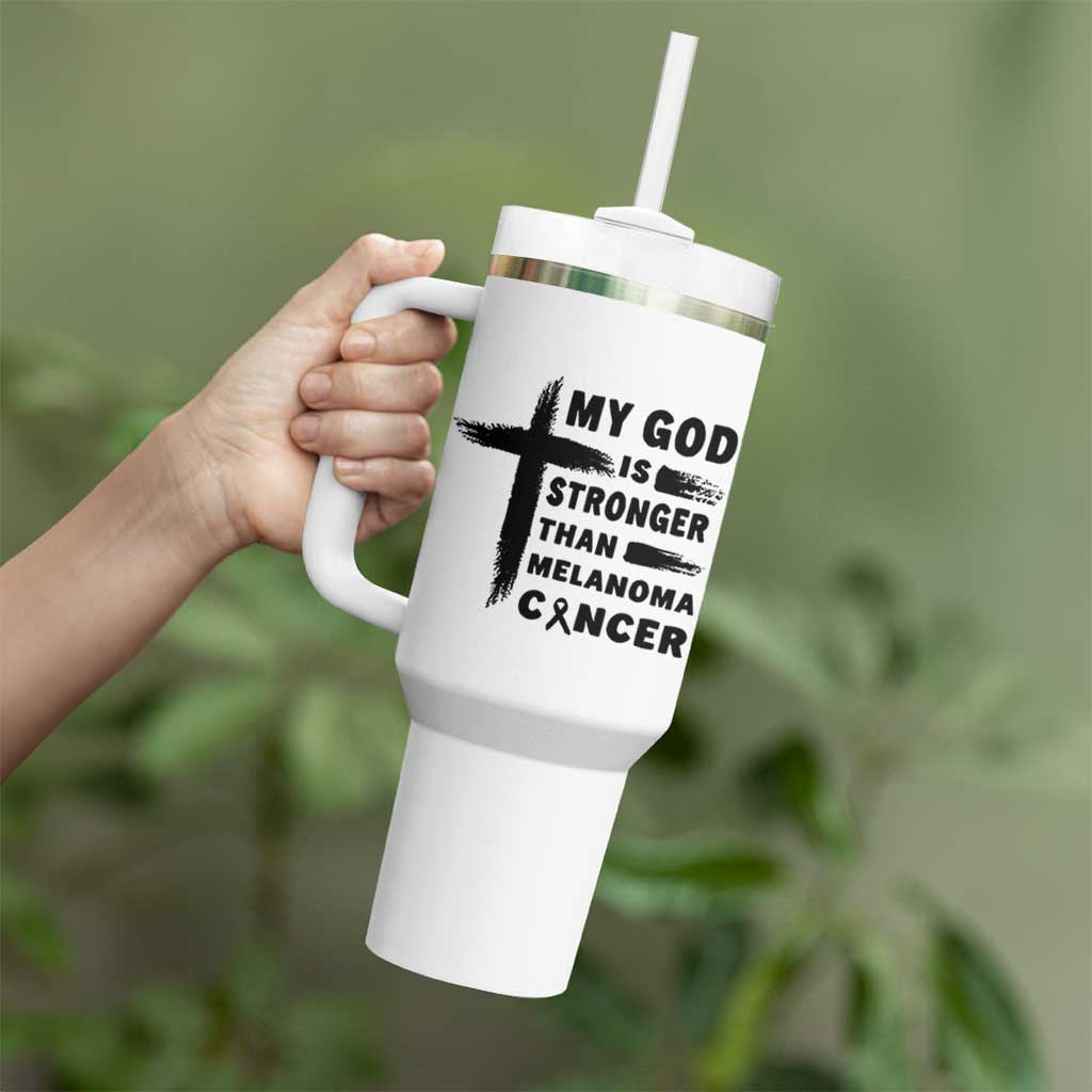 My God Is Stronger Than Melanoma Tumbler With Handle Christian Cancer Support