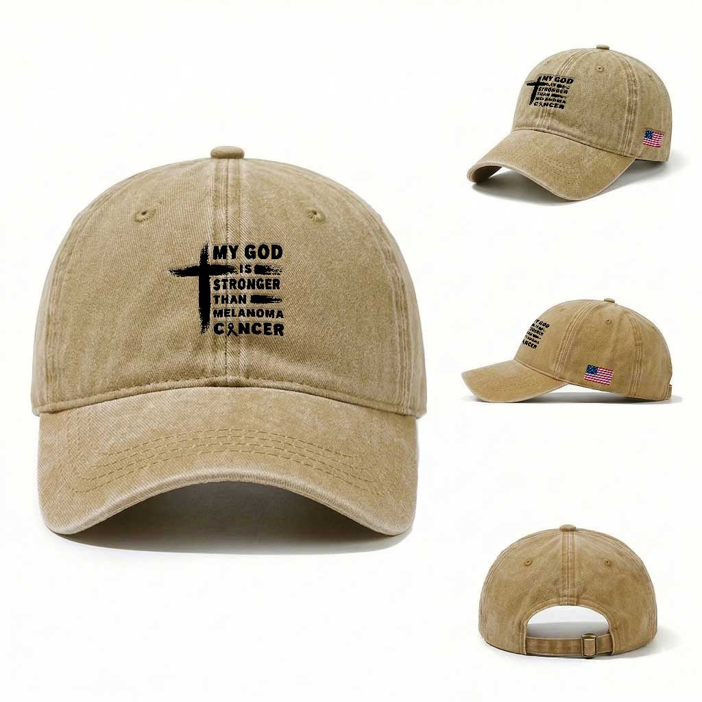 My God Is Stronger Than Melanoma Washed Cotton Baseball Cap Christian Cancer Support