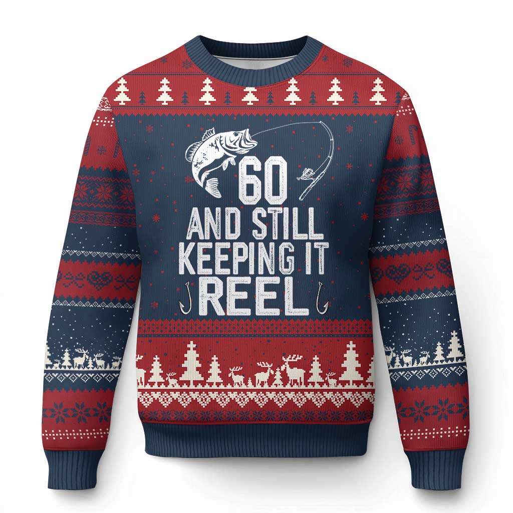 Personalized 60th Birthday Fishing Ugly Christmas Sweater Custom Number Bday Still Keeping It Reel