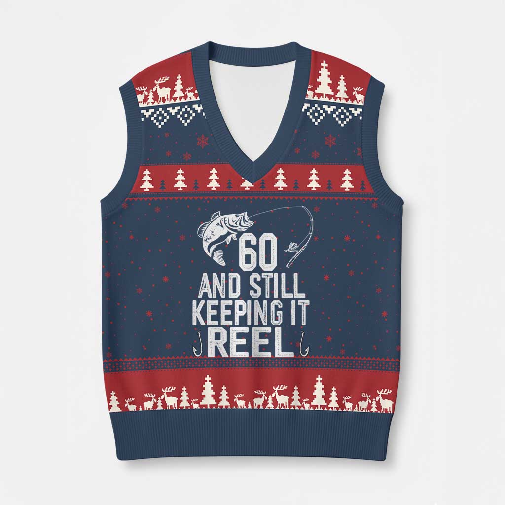 Personalized 60th Birthday Fishing V-Neck Knit Sweater Vest Custom Number Bday Still Keeping It Reel