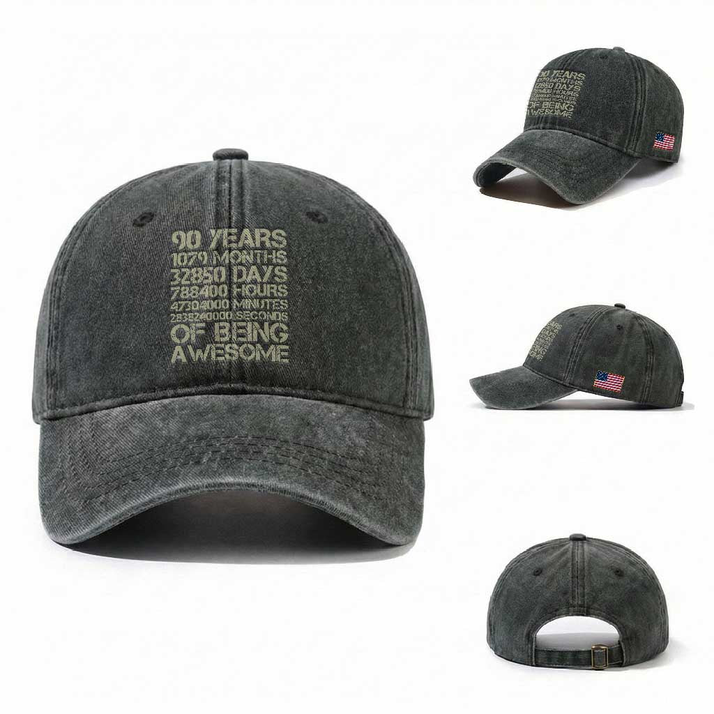 90 Years Of Being Awesome Washed Cotton Baseball Cap 90th Birthday Gift Idea