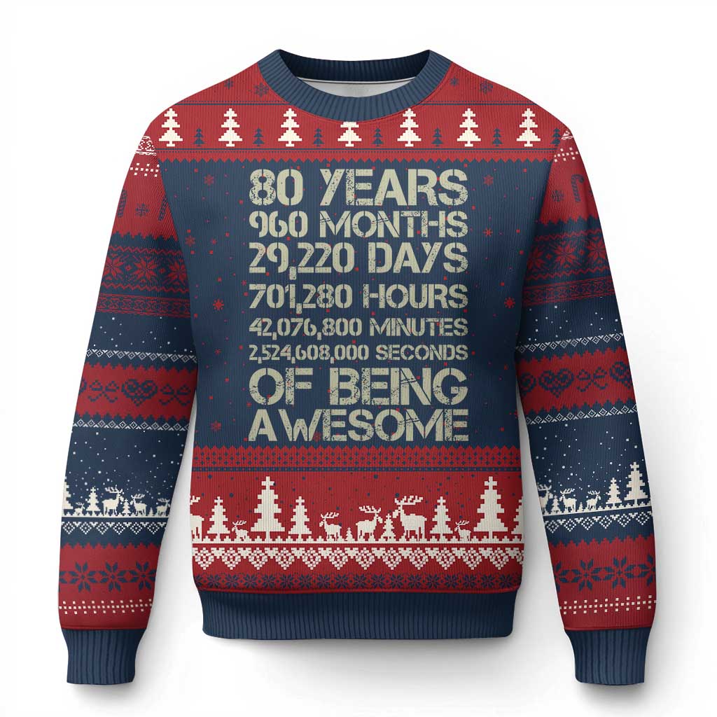 Vintage 80th Birthday Gift Ugly Christmas Sweater 80 Years Of Being Awesome