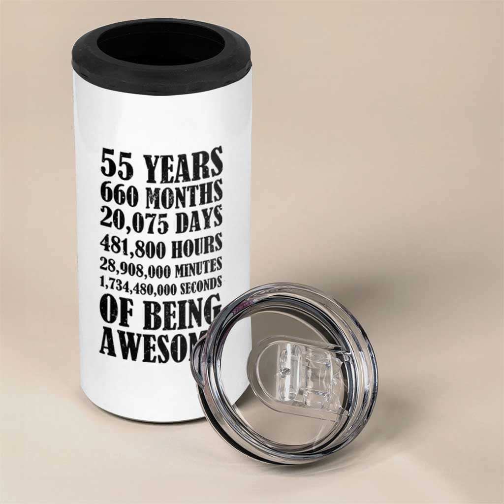 55th Milestone Birthday 4 in 1 Can Cooler Tumbler 55 Years Of Being Awesome Graphic