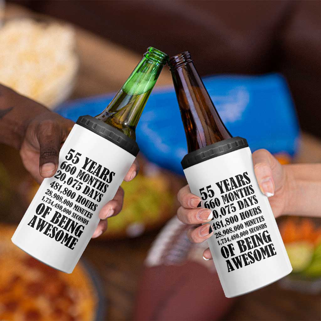 55th Milestone Birthday 4 in 1 Can Cooler Tumbler 55 Years Of Being Awesome Graphic