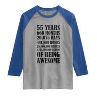55th Milestone Birthday Raglan Shirt 55 Years Of Being Awesome Graphic
