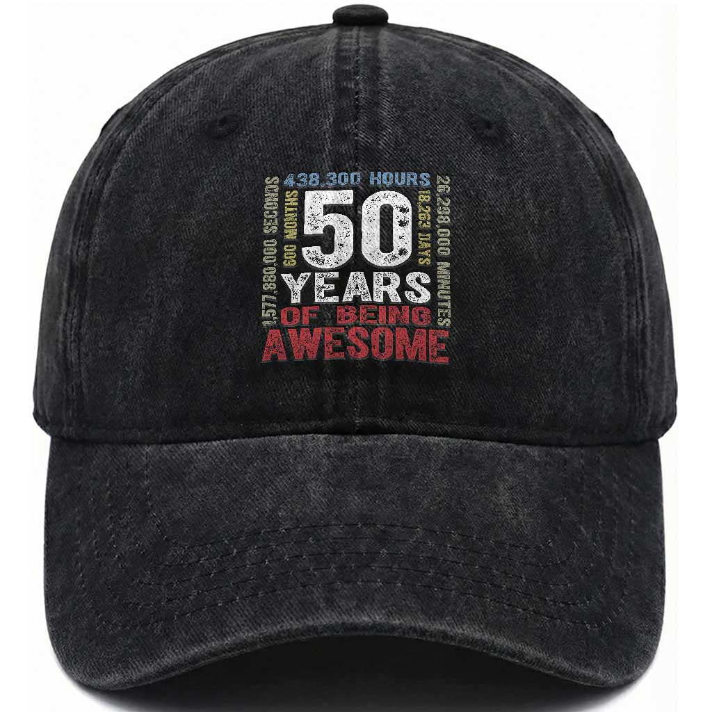 Vintage 50 Years Of Being Awesome Washed Cotton Baseball Cap 50th Birthday Legend Gift Idea