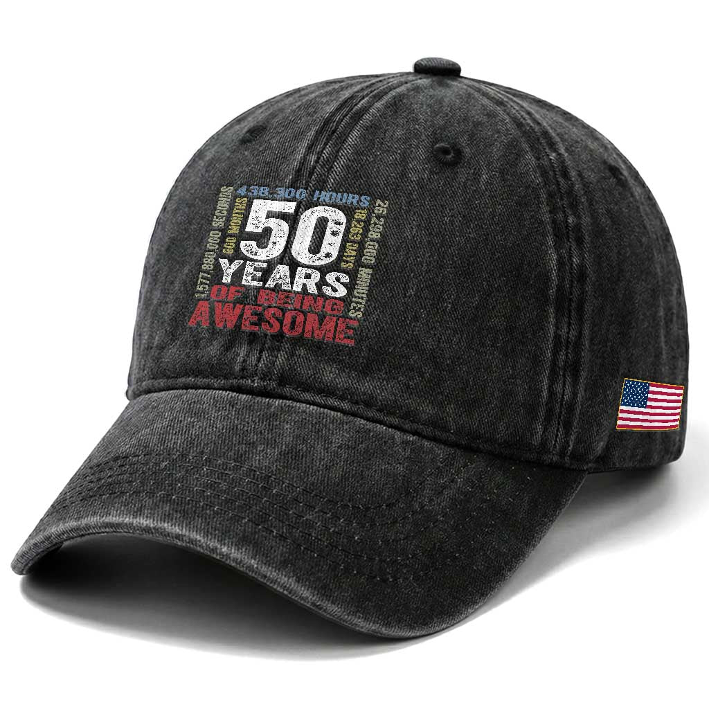 Vintage 50 Years Of Being Awesome Washed Cotton Baseball Cap 50th Birthday Legend Gift Idea