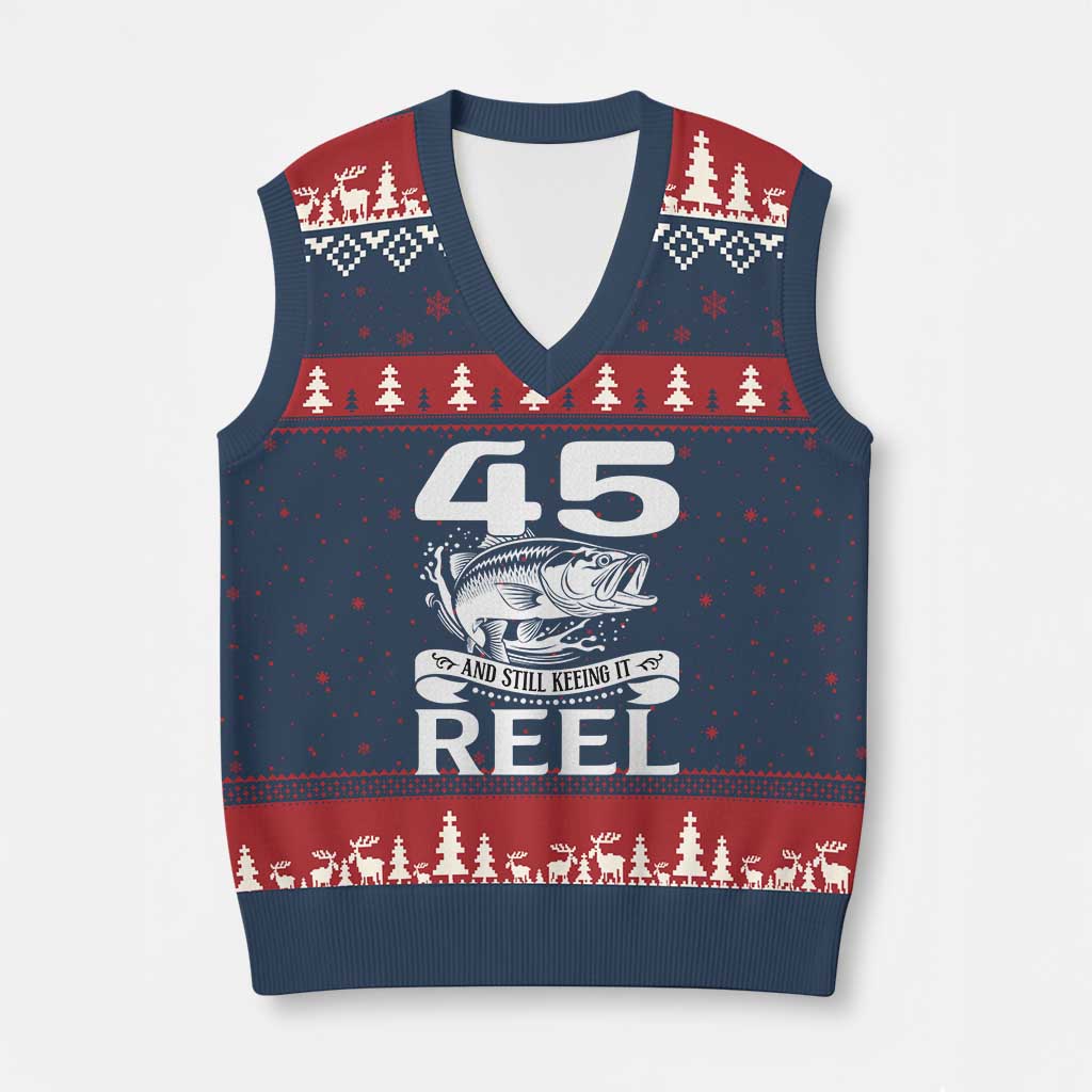 Still Keeping It Reel At 45 V-Neck Knit Sweater Vest Fisherman Birthday Gift