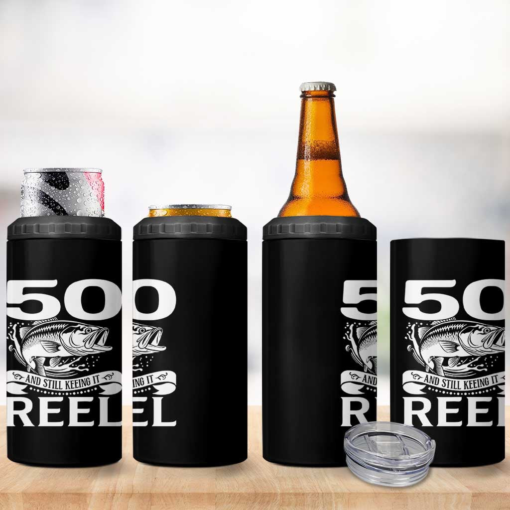 Still Keeping It Reel At 50 4 in 1 Can Cooler Tumbler Fisherman Birthday Gift