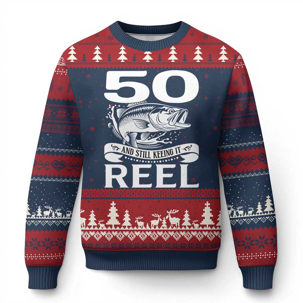 Still Keeping It Reel At 50 Ugly Christmas Sweater Fisherman Birthday Gift