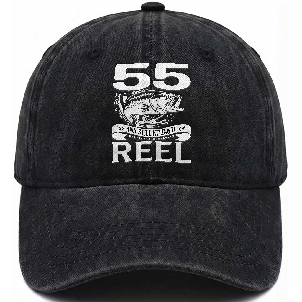 Still Keeping It Reel At 55 Washed Cotton Baseball Cap Fisherman Birthday Gift