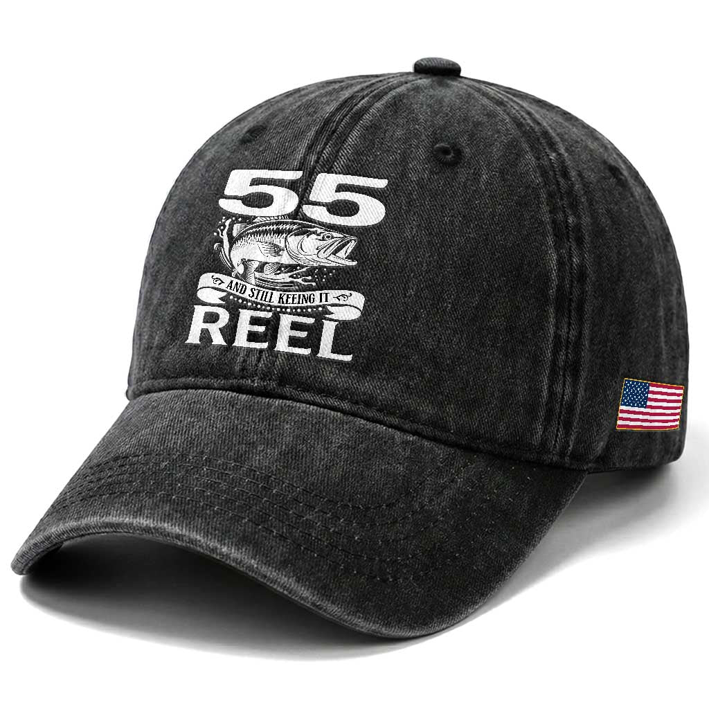Still Keeping It Reel At 55 Washed Cotton Baseball Cap Fisherman Birthday Gift