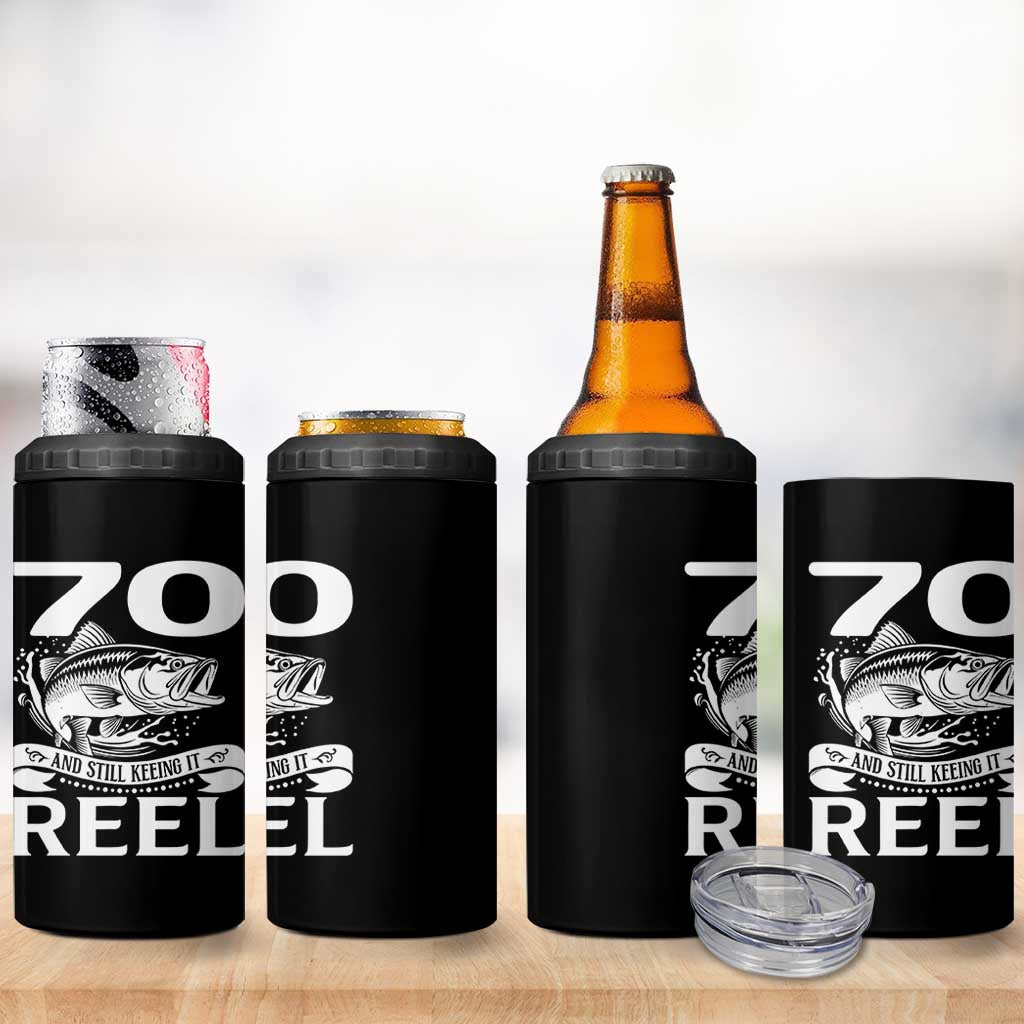 Still Keeping It Reel At 70 4 in 1 Can Cooler Tumbler Fisherman Birthday Gift