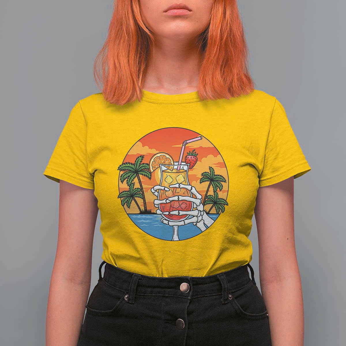 Tropical Skeleton Summerween T Shirt For Women Beach Cocktail Vacation
