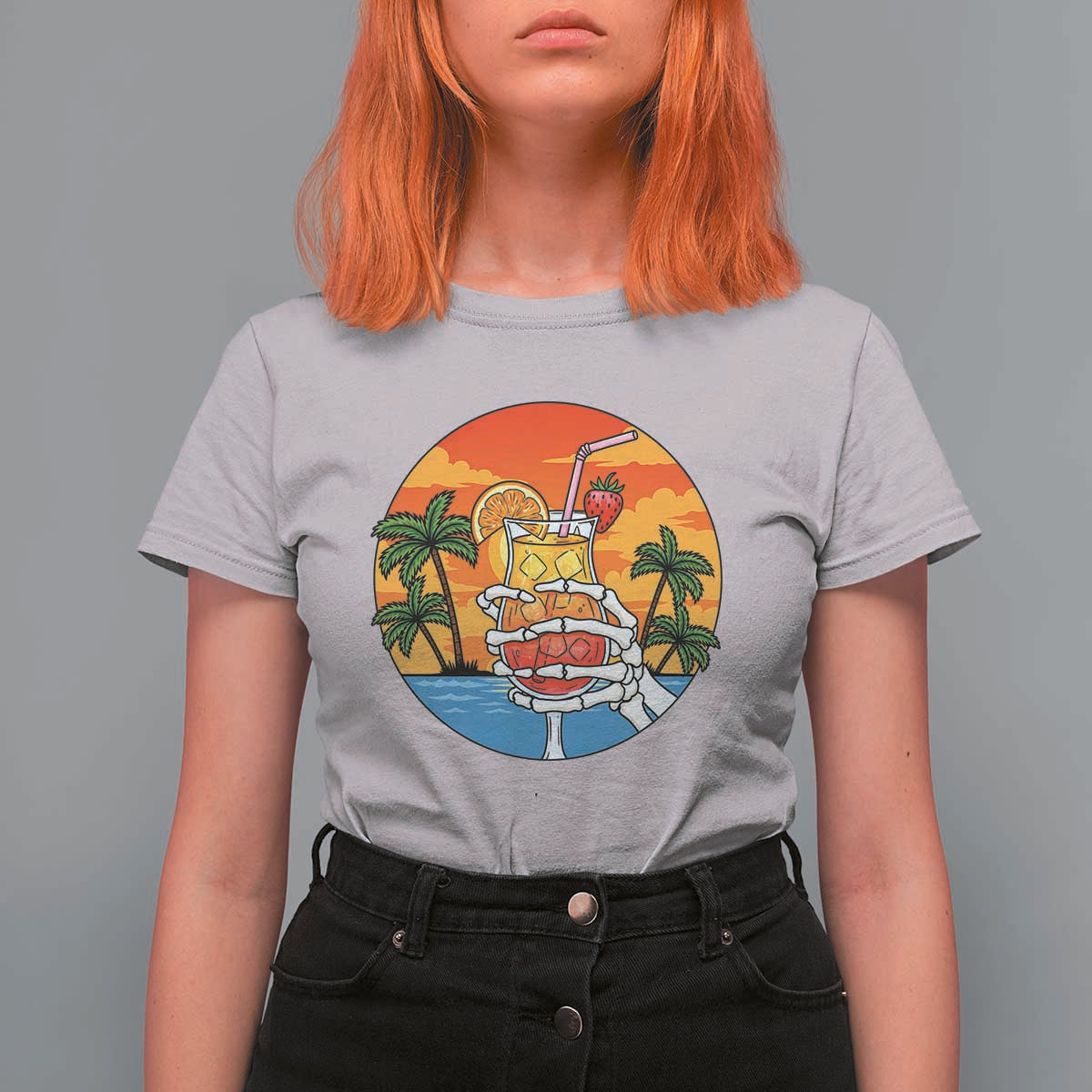 Tropical Skeleton Summerween T Shirt For Women Beach Cocktail Vacation