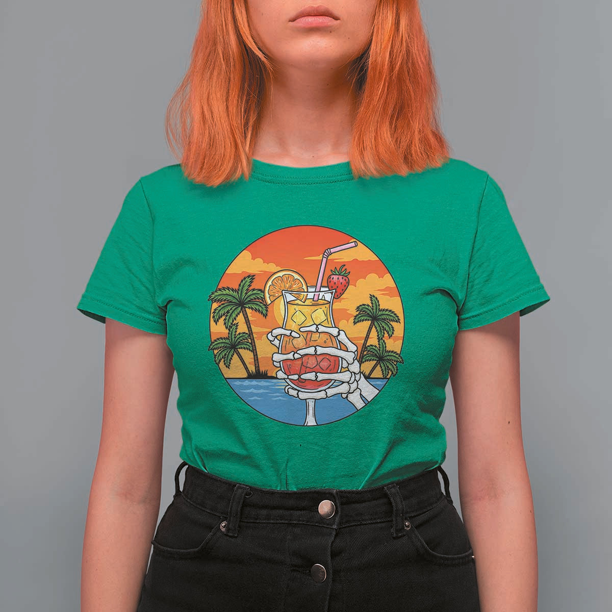 Tropical Skeleton Summerween T Shirt For Women Beach Cocktail Vacation