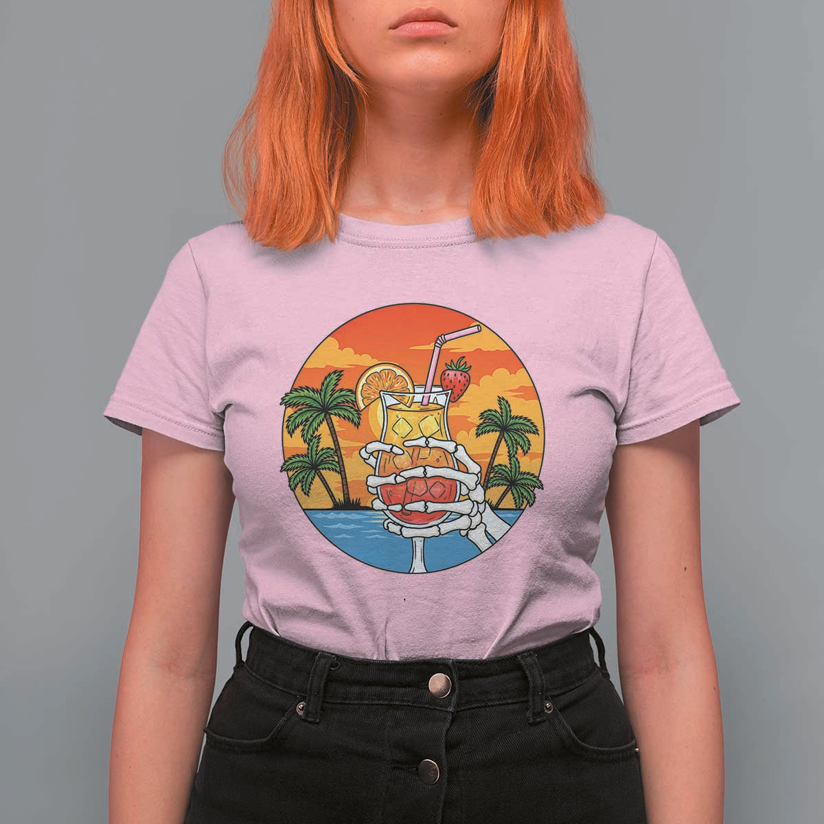 Tropical Skeleton Summerween T Shirt For Women Beach Cocktail Vacation