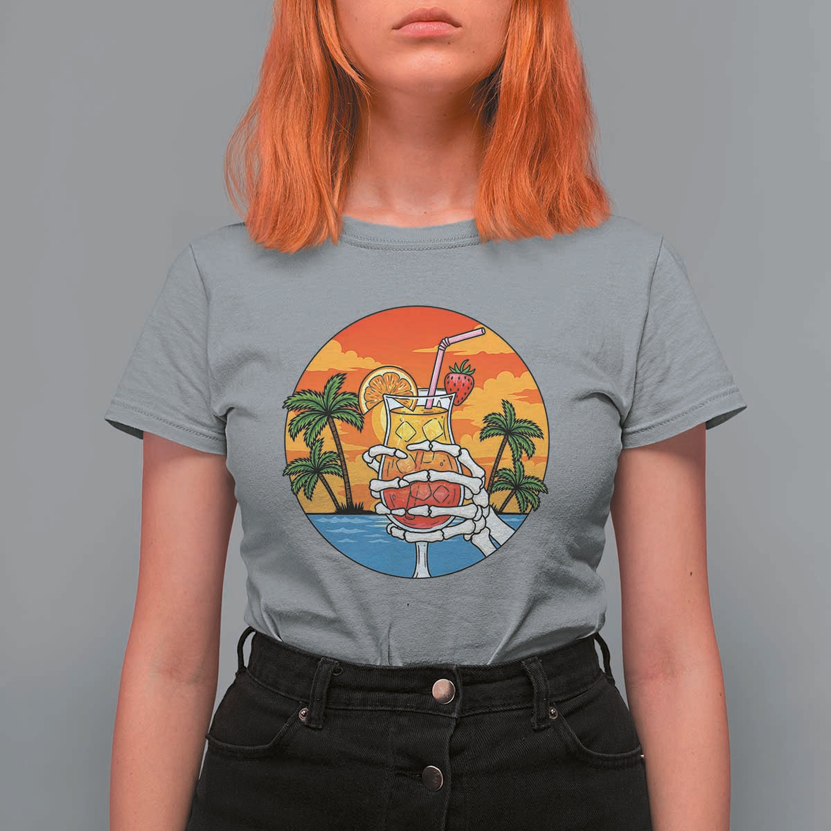 Tropical Skeleton Summerween T Shirt For Women Beach Cocktail Vacation