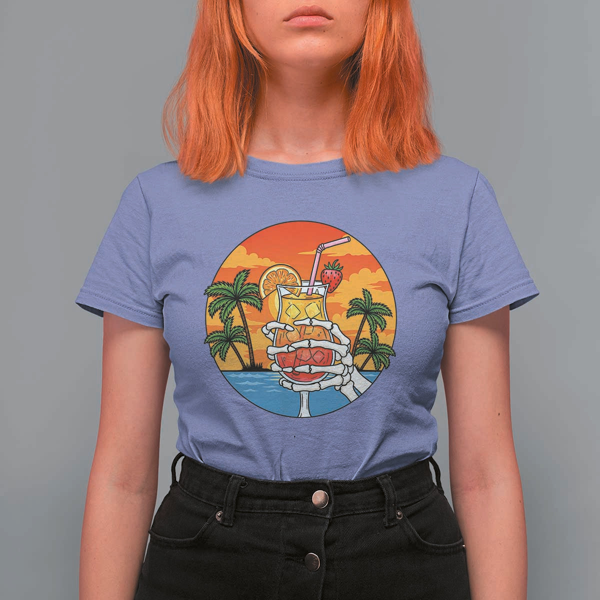 Tropical Skeleton Summerween T Shirt For Women Beach Cocktail Vacation