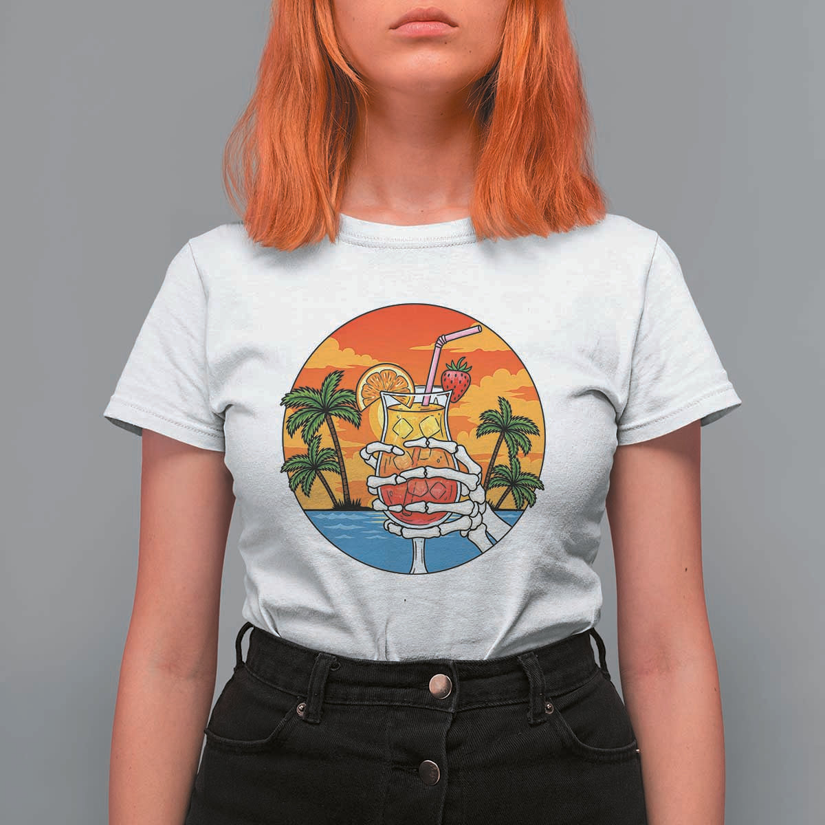 Tropical Skeleton Summerween T Shirt For Women Beach Cocktail Vacation