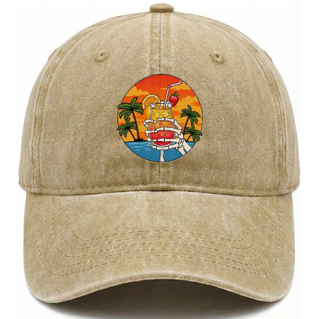 Tropical Skeleton Summerween Washed Cotton Baseball Cap Beach Cocktail Vacation