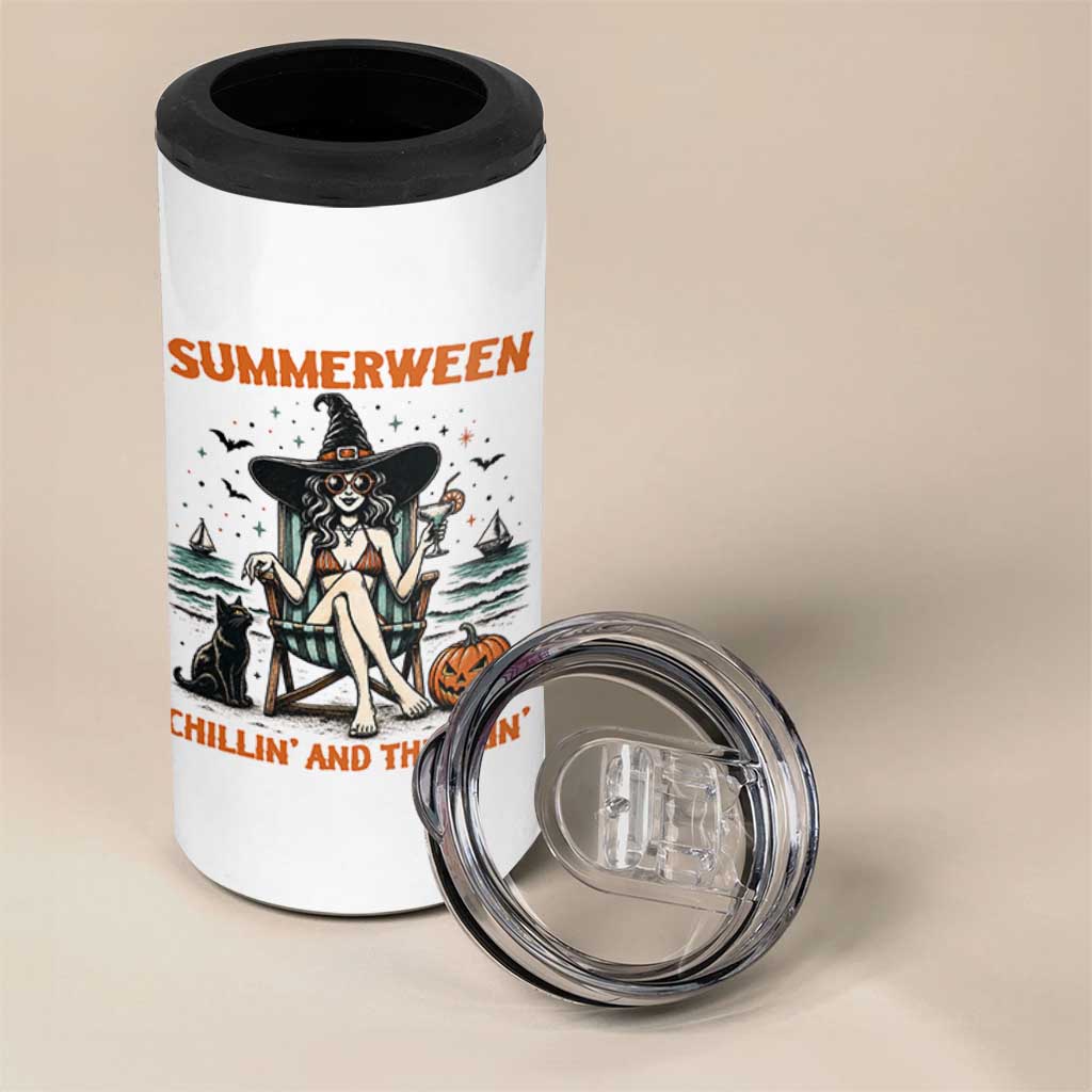 Witchy Beach Summerween Vacation 4 in 1 Can Cooler Tumbler Chillin And Thrillin