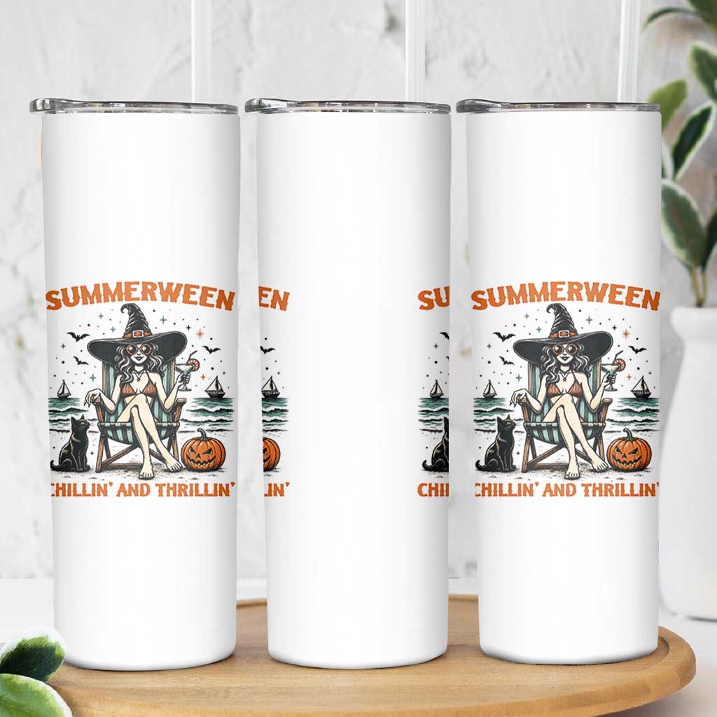 Witchy Beach Summerween Vacation Skinny Tumbler Chillin And Thrillin