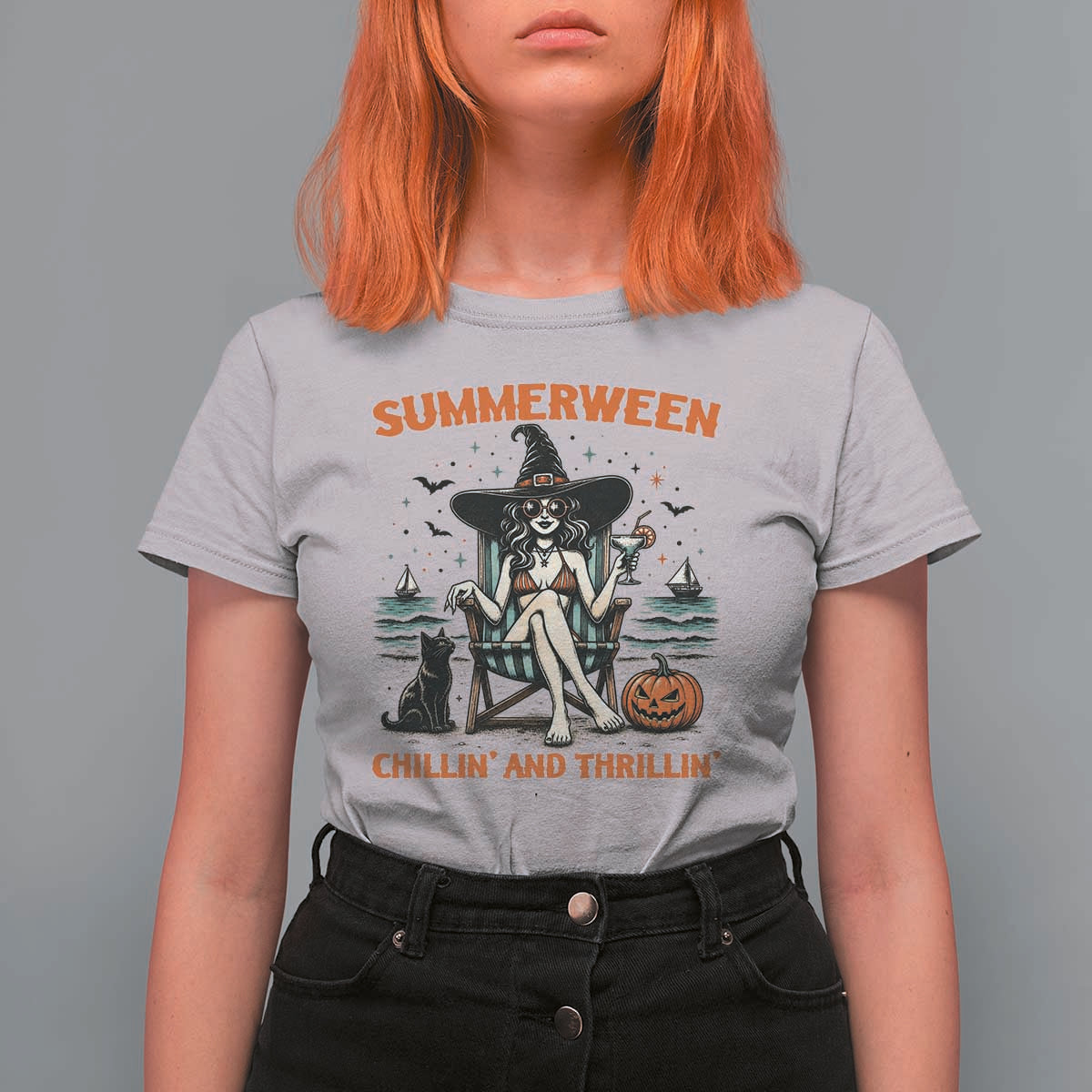 Witchy Beach Summerween Vacation T Shirt For Women Chillin And Thrillin