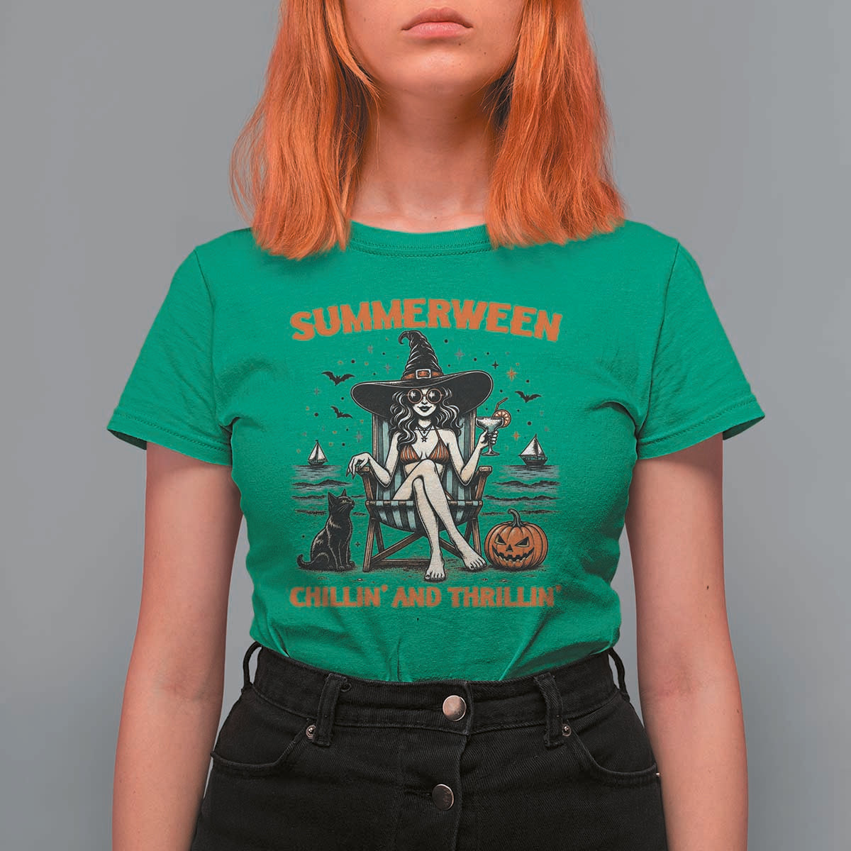 Witchy Beach Summerween Vacation T Shirt For Women Chillin And Thrillin