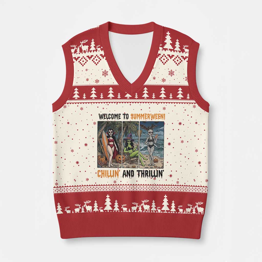Welcome To Summerween Chillin And Thrillin V-Neck Knit Sweater Vest Funny Summer Halloween