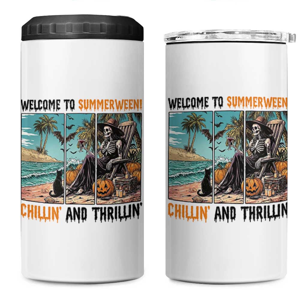 Welcome To Summerween Chillin And Thrillin 4 in 1 Can Cooler Tumbler Spooky Beach Party Gift