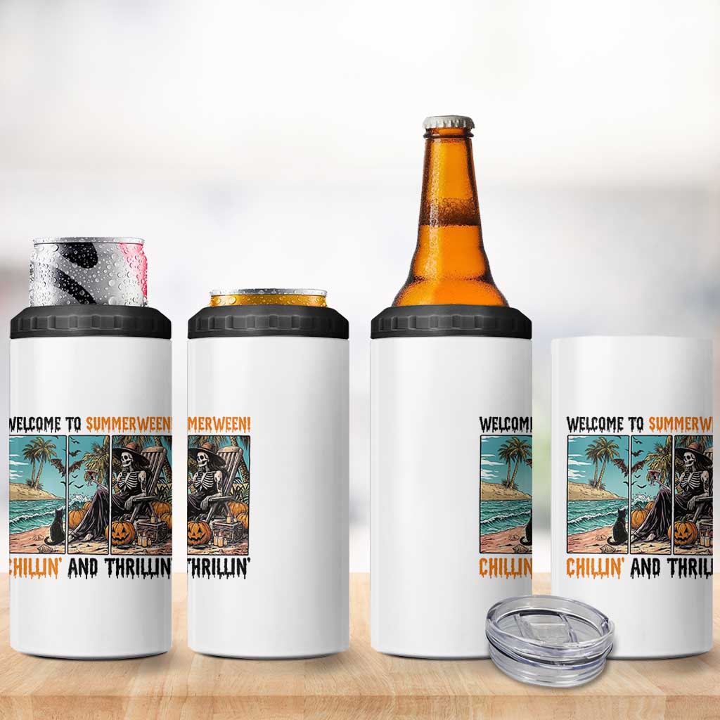 Welcome To Summerween Chillin And Thrillin 4 in 1 Can Cooler Tumbler Spooky Beach Party Gift