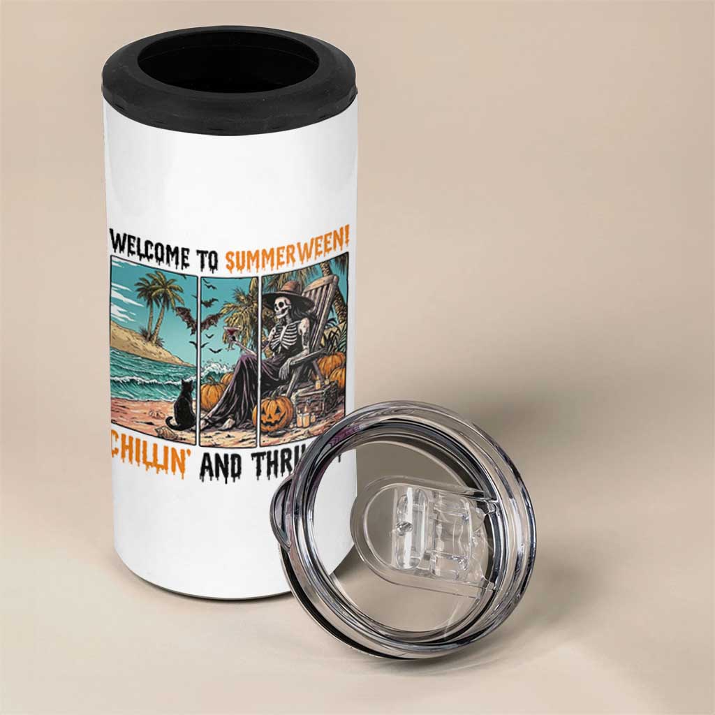 Welcome To Summerween Chillin And Thrillin 4 in 1 Can Cooler Tumbler Spooky Beach Party Gift
