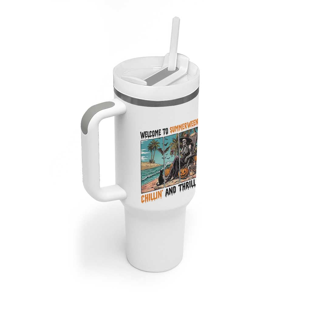Welcome To Summerween Chillin And Thrillin Tumbler With Handle Spooky Beach Party Gift